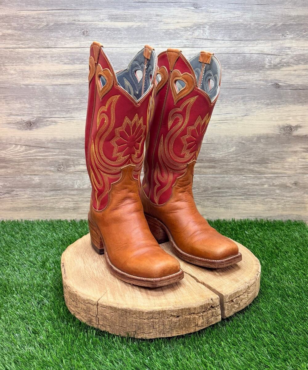 Bustamente Women - Size 6 - Red / Brown Heart Custom Western Cowboy Boots Texas